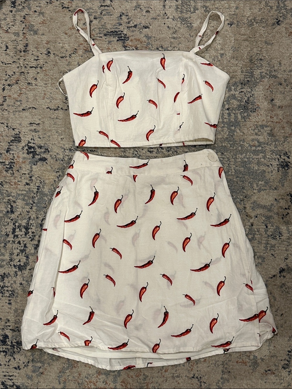 NWOT Two-Piece White Chili Pepper Print Crop Top & Skirt Set